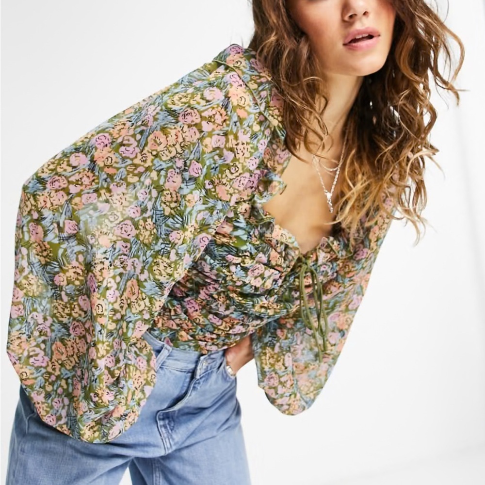 Free People Mabel Top- Floral Chiffon Blouse
